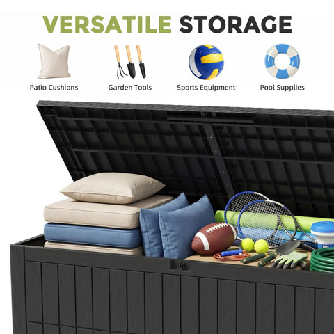 Big 120 Gallon Outdoor Deck Box Lockable Waterproof Storage Chest open with patio cushions, garden tools, and pool supplies