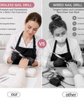 Comparison of Heavy Duty Cordless Nail Drill Kit With Five Tough Steel Bits And Dust Shield For Peeling Gel Polish and Wired Nail Drill.