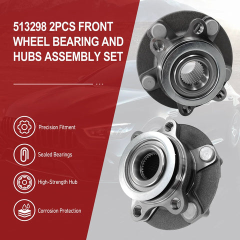 Beefy Front Wheel Bearing And Hub Assembly Set 2 Piece Direct Fit For Nissan Rogue 2008 To 2015 And Sentra 2007 To 2012 OE Replacement 513298 WE60491 BR930772 Heavy Duty Front Wheel Hubs displayed.