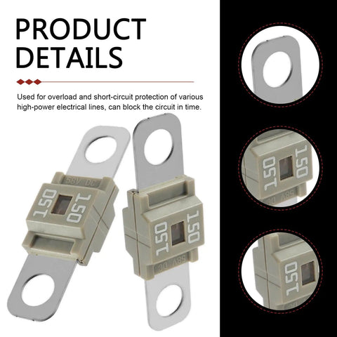 Beefy Heavy Duty 3 Pcs Midi Fuses 150 Amp Flat Style Bolt On Fuse Links Gray detailed view showing fuse ratings and design.