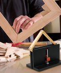 Heavy Duty Adjustable Aluminum Right Angle Spline Jig For Serious Woodworkers Featuring Wide Clamping Range To Knock Out Solid Miter Joints On Custom Frames And Drawers Quick with wood frame in use.