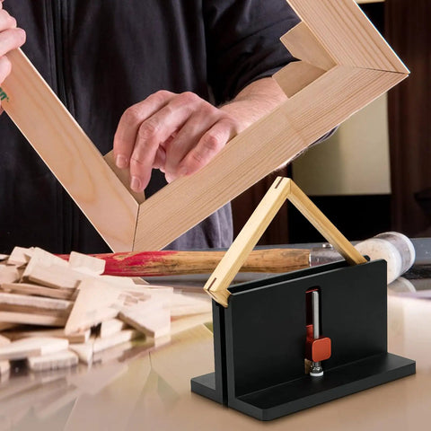 Heavy Duty Adjustable Aluminum Right Angle Spline Jig For Serious Woodworkers Featuring Wide Clamping Range To Knock Out Solid Miter Joints On Custom Frames And Drawers Quick with wood frame in use.