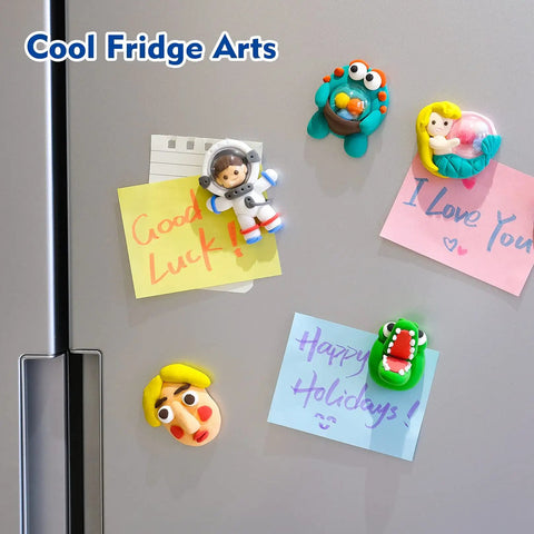 Air Dry Clay Kit For Kids Make 8 Fridge Magnets displayed on silver fridge with astronaut and mermaid designs, no oven needed
