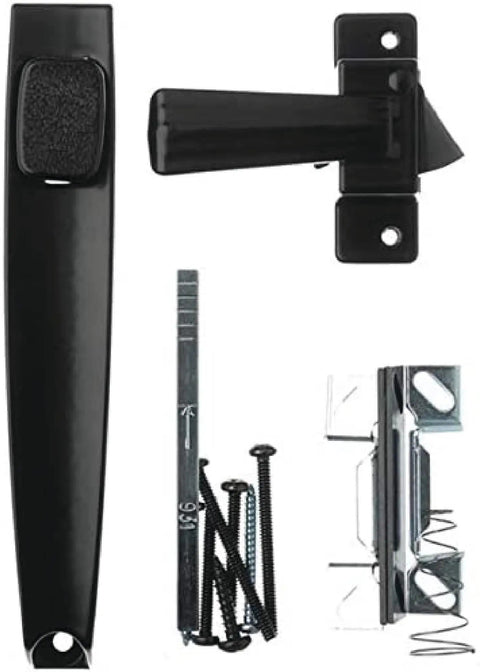 Push Button Door Latch For Screen And Storm Doors, Out Swing, 0.75 To 1.25 Inch Thick, No Lock Out Technology, Durable Black Finish