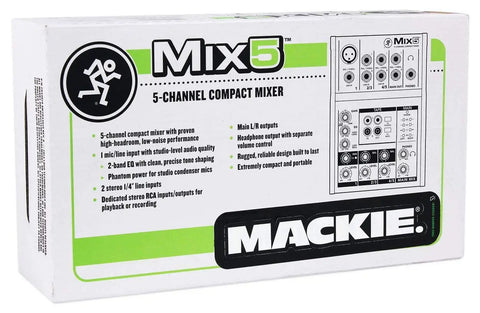 Five Channel Compact Mixer With Mad Headroom And Low Noise, Mic And Line Input, Two Band EQ, Phantom Power, in packaging