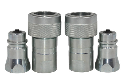 Set of four 1/2 in Pioneer-style ISO 5675 hydraulic quick-connect tractor couplers with dust caps.
