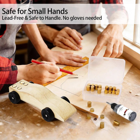 Pinewood Derby Weights Kit With Graphite Lubricant For Axles And Wheels Lead Free Copper Cylindrical Weights next to a wooden car