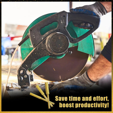 Person using a large circular saw to cut metal with sparks flying, promoting efficiency with the tool in a workshop setting.