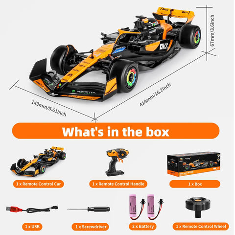 McLaren F1 Officially Licensed One Fourteenth Scale Remote Control Car With Two Rechargeable Batteries And Two Point Four GHz Radio Control For High Speed Hobby Racing A Rad Collectible Gift For Adults And Kids, product box contents displayed.