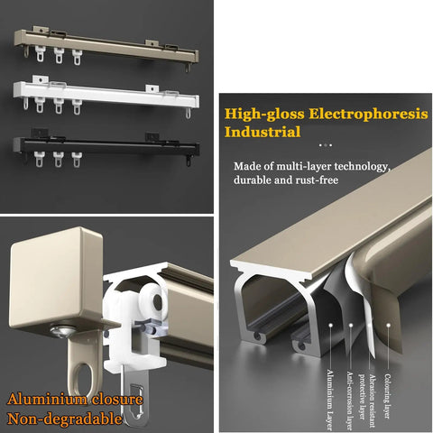 Heavy Duty Silent Sliding Barn Door Track Kit With Quality Rollers mounted in gold, white, and black for interior spaces.