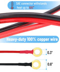 Road Ready Sae Battery Connector With 33 Ft 14 Awg Harness And O Ring Terminals, showing heavy-duty 100% copper wire and terminals.