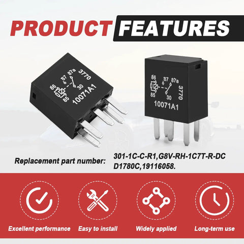 Product features of Beefy 12V Five Pin Car Fuel Pump Relay Kit Universal Auto Relay Replacement For Most Cars, showing two relays.