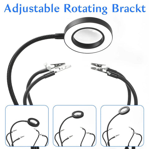 Helping Hands Soldering Station With 3X Magnifying Glass And Light, flexible magnetic arms with alligator grips, bracket view