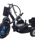Electric Mobility Trike 48V 750W Lithium Three Wheel Scooter For Standing Or Sitting Rides, Black Personal Transporter Built For Events, Security, Warehouses And Your Go To Ride. Front view with large wheel and battery pack