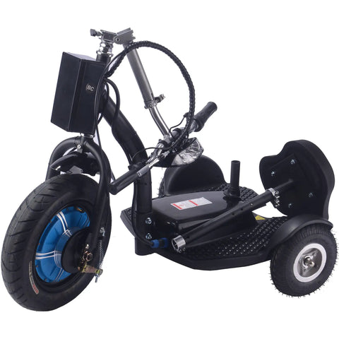 Electric Mobility Trike 48V 750W Lithium Three Wheel Scooter For Standing Or Sitting Rides, Black Personal Transporter Built For Events, Security, Warehouses And Your Go To Ride. Front view with large wheel and battery pack