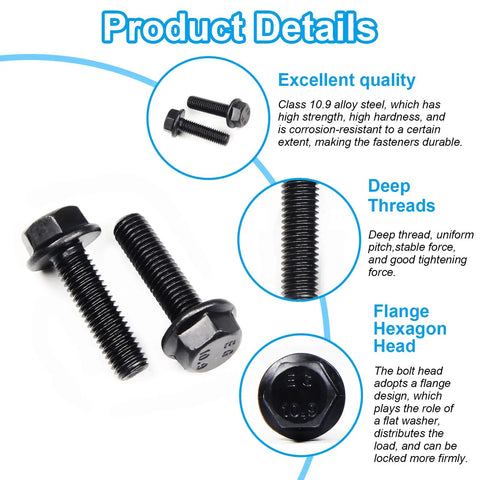 M6 Flanged Hex Bolts 1.0 x 16mm With External Flange Hex Drive Heavy Duty Alloy Steel Class 10.9 Black Oxide Finish product details