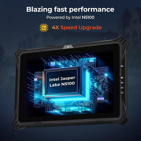 Badass 12.2 Inch Rugged Windows Tablet Featuring Hot Swap Dual Batteries And Easy Ssd Upgrades IP65 Waterproof showing Intel N5100 chip design.