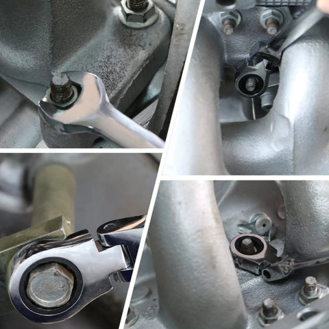 Close-up of 12 Piece SAE Flex Head Ratcheting Wrench Set used in chrome vanadium steel automotive repair.