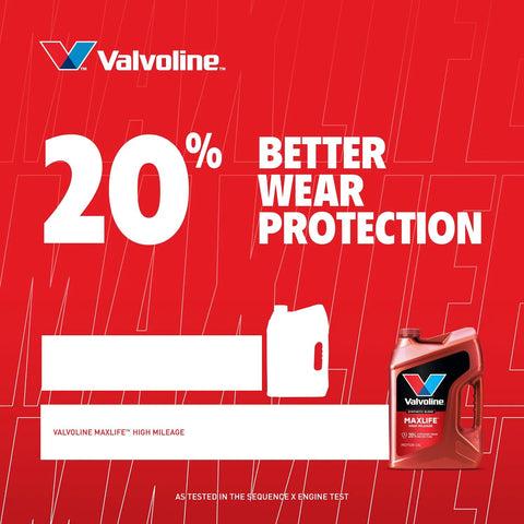 Front view of Valvoline MaxLife High Mileage 5W-30 synthetic blend motor oil, 5-quart red container