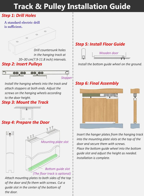 Installation guide for Beefy Heavy Duty Aluminum Sliding Door Track Kit For Two Door Systems With Dual Wheel Barn Door Hardware Bypass Pocket Frame Set For Interior Wooden Doors Silver Finish 9.5 Ft Length Easy Glide Rust Resistant showing step-by-step process.