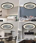 Four 19.6 Inch Bladeless Ceiling Fan With Lights And Remote Control Modern Low Profile Enclosed Flush Mount Fan in Bedroom, Living Room, Dining Room, and Kitchen with Cool Black Finish and Smart Dimmable LED Lighting