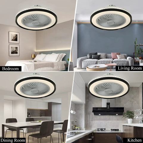 Four 19.6 Inch Bladeless Ceiling Fan With Lights And Remote Control Modern Low Profile Enclosed Flush Mount Fan in Bedroom, Living Room, Dining Room, and Kitchen with Cool Black Finish and Smart Dimmable LED Lighting