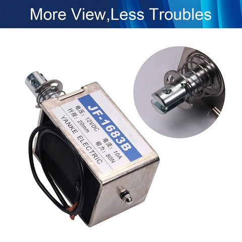 12V DC Push Pull Solenoid Open Frame Electromagnet With 20mm Stroke For Smooth Linear Motion In Vending Machines, Office Gear, Industrial Machinery And Home Appliances JF-1683B-12V; metal body with spring plunger
