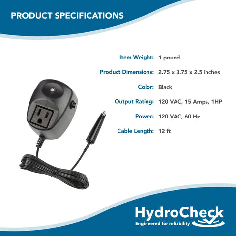 Easy No Pit Entry Electronic Sewage Pump Switch With 12ft Cord shown with specifications and black color