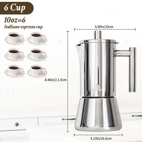 Stovetop Espresso Maker 6 Cup Moka Pot In Stainless Steel For Cuban Cafetera Cubana And Greca De Cafe Induction Compatible 10 Ounce Coffee Pot