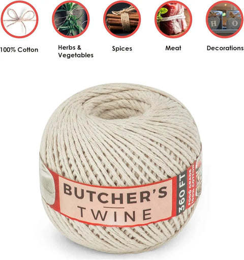 Unbleached 12 Ply Cotton Butcher Twine 720 Feet Food Grade String ball showing 360 ft with uses for spices and meat trussing.