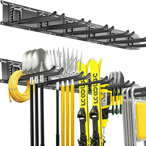 Heavy Duty 48 Inch Wall Mount Garden Tool Organizer With Six Adjustable Hooks Easy Install Steel Black Storage System