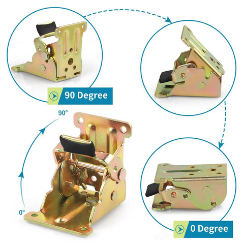 Heavy Duty Steel Folding Brackets Self Locking 90 Degree Hinge Kit With Mounting Screws showing 90 and 0 degree positions, zinc finish.