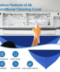 Waterproof Air Conditioner Cleaning Bag for Wall Mounted Mini Split Units, shown installed with features highlighted, Style A Blue