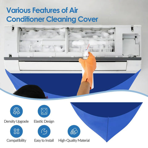 Waterproof Air Conditioner Cleaning Bag for Wall Mounted Mini Split Units, shown installed with features highlighted, Style A Blue