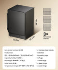 Black stainless steel 180 Can Beverage Refrigerator With Under Counter Design, 24 Inch, showing dimensions and shelves.