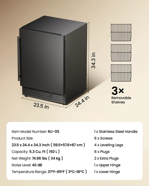 Black stainless steel 180 Can Beverage Refrigerator With Under Counter Design, 24 Inch, showing dimensions and shelves.