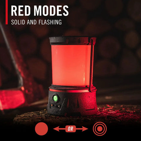 Rechargeable Emergency Camping Lantern with red flash mode and illuminated power button on wooden surface
