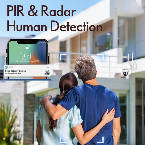 Couple viewing notification from Solar Security Cam Outdoor Pan Tilt PTZ 1080P Color Night Vision With Rechargeable Battery on phone.