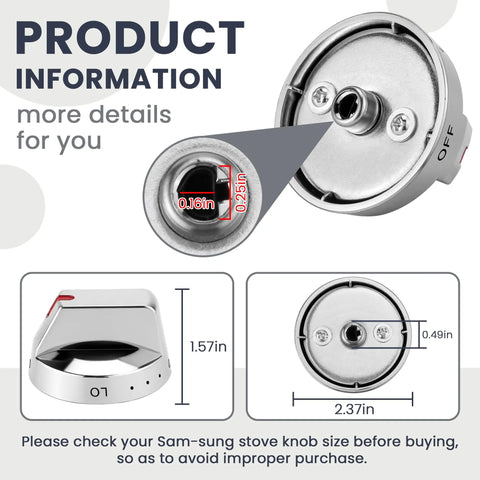Upgraded DG64-00473A Burner Stove Knob Set with dimensions and close-up view for Samsung Gas Range Ovens