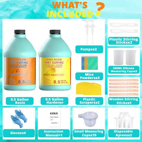 Fast Cure 1 Gallon Epoxy Resin Kit with Quick Dry Formula, includes resin, hardener, tools, gloves, and instructions.