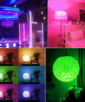 Smart RGB LED Light Bulb 85W Equivalent with Dimmable Mood Lighting in various colors and settings, showing room ambiance.