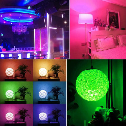 Smart RGB LED Light Bulb 85W Equivalent with Dimmable Mood Lighting in various colors and settings, showing room ambiance.