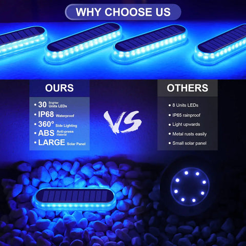 Comparison of blue solar dock deck lights with 30 LEDs and 360-degree illumination against other models
