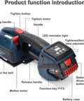 Portable Automatic Electric Strapping Machine With Lcd Screen For Hot Melting Strap Tool showing functional buttons and battery case.