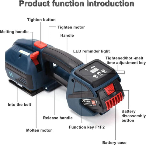 Portable Automatic Electric Strapping Machine With Lcd Screen For Hot Melting Strap Tool showing functional buttons and battery case.