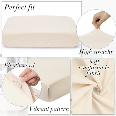 Set Of 4 Stretch Cushion Covers For Patio Couch Cushions Elastic Slipcovers Fit Most Sofa Cushions And Seat Chairs Washable Beige Solid Color Pet Friendly Furniture Protector For Easy Cleaning And Everyday Use showing stretch, elastic cord, soft fabric, and perfect fit.