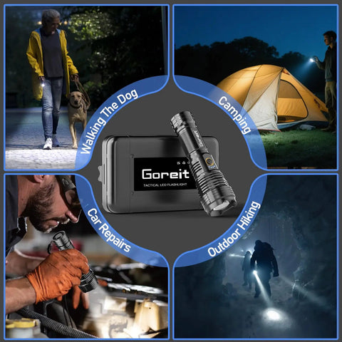 Rechargeable LED Flashlight 20,000 Lumens XHP70.2 Beam in use for dog walking, camping, car repairs, and hiking.