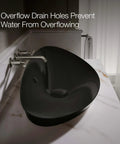 Modern Trough Vessel Bathroom Sink With Asymmetrical Oval Basin Double Faucet Ready Wall Mount Or Countertop Setup overflow drain holes in a sleek black finish.