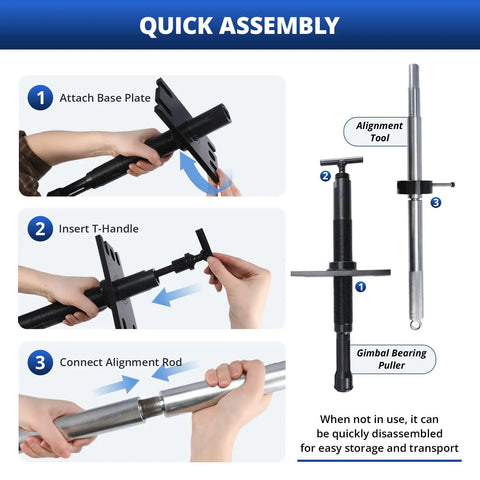 Diagram showing assembly of Heavy Duty Workhorse Gimbal Bearing Alignment Tool And Installation Puller for boats.