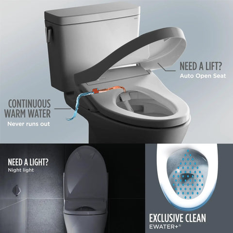 Top Tier Electronic Bidet Toilet Seat With Instant Warm Water Washlet showing auto open lid, continuous warm water feature, and night light.